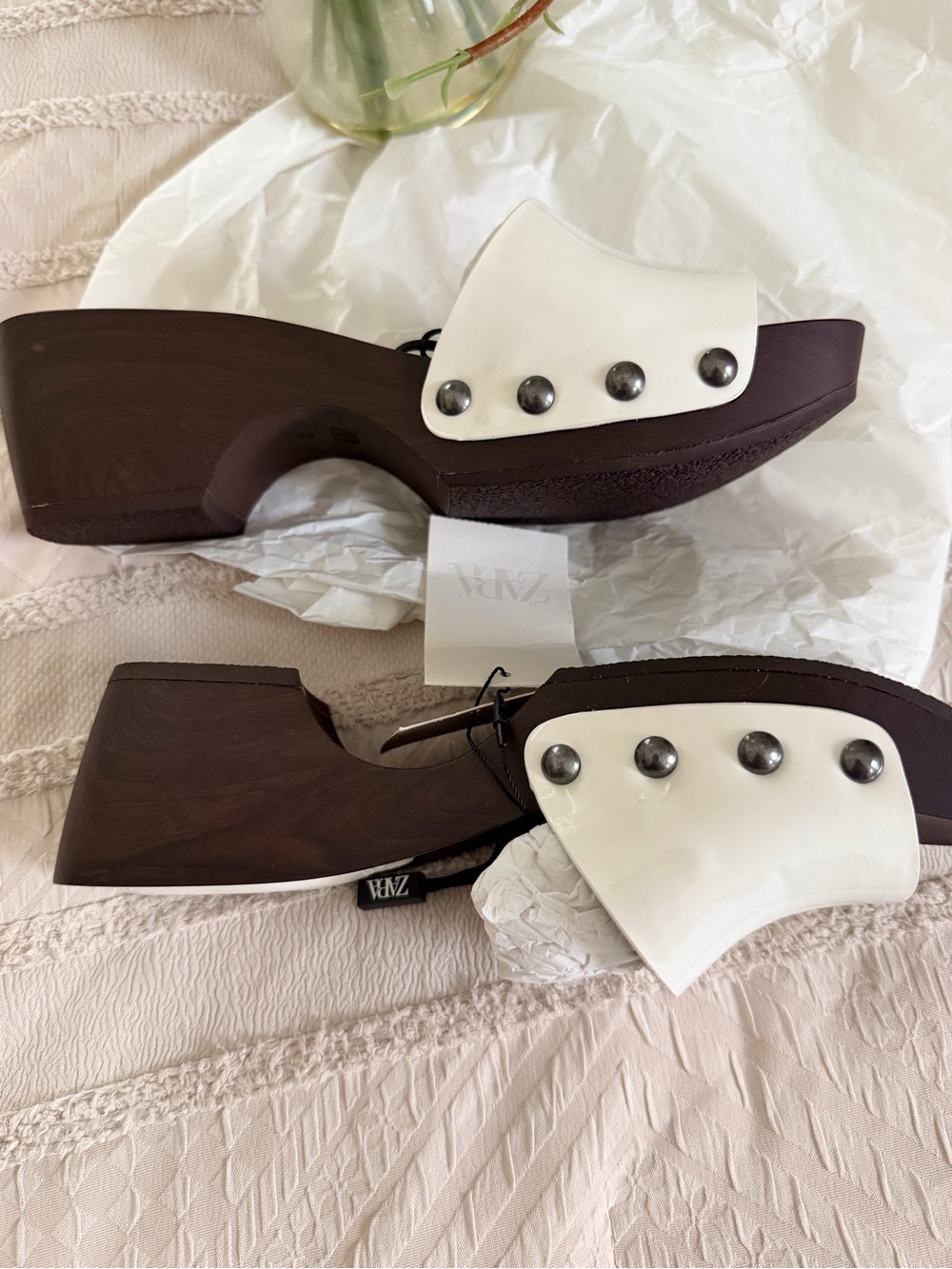 Zara White Patent Leather Platform Mules with Dark Wood-Look Sole.NWT - Picture 4 of 6